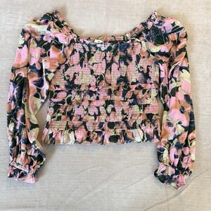Sam Edelman Floral Smocked Crop Top Womens L Puff Sleeve Boho Prairie